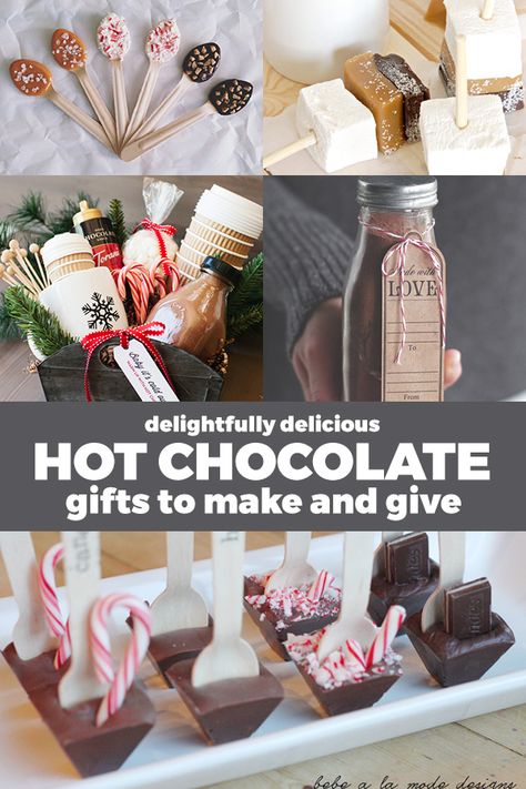 These homemade hot cocoa gifts are seriously amazing! Here are five delicious ways to give hot cocoa to a friend, teacher or neighbor! Bar Gift Basket, Hot Cocoa Gifts, Hot Chocolate Gift Basket, Hot Cocoa Mix Recipe, Diy Hot Cocoa, Hot Cocoa Gift, Hot Chocolate Spoons, Diy Hot Chocolate, Baskets Ideas