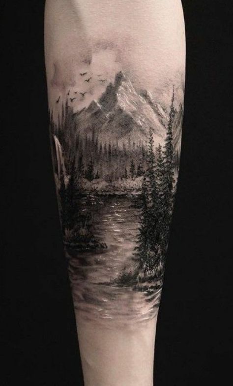 Mountain Sleeve Tattoo, Forest Tattoo Sleeve, Forest Forearm Tattoo, Moutain Tattoos, Natur Tattoo Arm, Wilderness Tattoo, Wörter Tattoos, Nature Tattoo Sleeve, Wolf Tattoo Sleeve