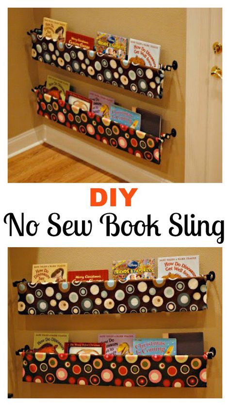 Sling Bookshelf Diy, Book Sling Diy, Diy Sling Bookshelf, Diy Baby Bookshelf, Diy Kids Book Storage, Diy Book Storage, Fabric Bookshelf, Sling Bookshelf, Book Sling