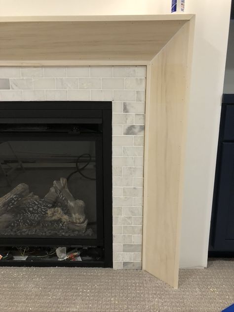 Diy Fireplace Mantle Surround How To Build, Simple Fireplace Surround Diy, Apartment Fireplace Ideas, Manderly House, Gas Fireplace With Tile, Fireplace With Tile Surround, Granite Fireplace Surround, Fireplace Surround Diy, Fireplace With Tile