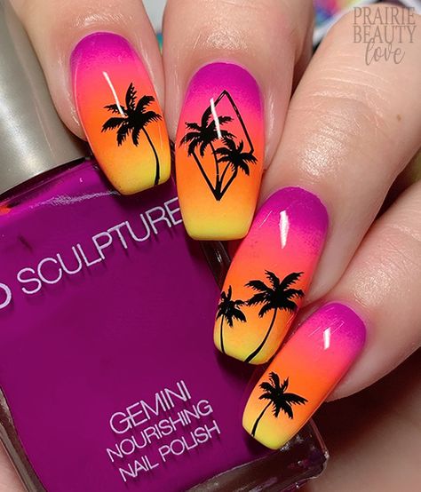 Key West Nail Ideas, Key West Nails, Palm Tree Nails Design, Sunset Ombre Nails, Sunset Nail Art, Palm Tree Nail Art, Neon Gradient, Tropical Neon, Neon Yellow Nails