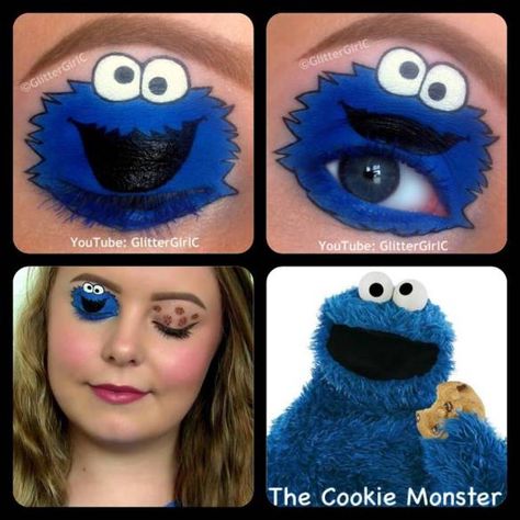 The Cookie Monster Makeup. YouTube channel: https://www.youtube.com/user/GlitterGirlC Cookie Monster Makeup, Cookie Monster Halloween Costume, Monster Cookies Halloween, Cookie Monster Costume, Cookie Monster Birthday Party, Makeup Zombie, Monster Decorations, Quick Costumes, Monster 1st Birthdays