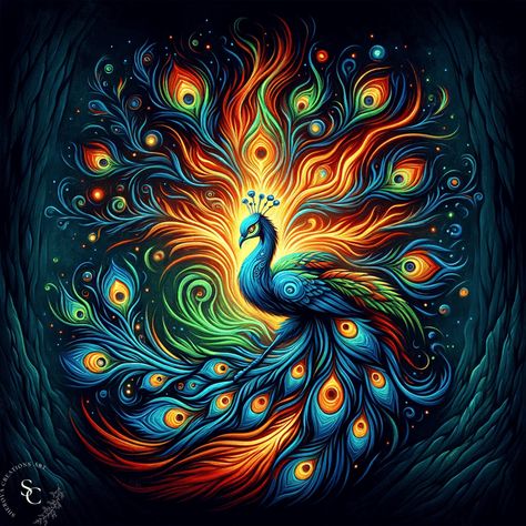 Vibrant Peacock in Enchanted Forest - Psychedelic Fantasy Art Peacock Fantasy Art, Peacock Graffiti, Peacock Artwork, Forest Backdrops, Batman Pictures, Cute Fantasy Creatures, Colorful Feathers, Ocean Inspiration, Peacocks