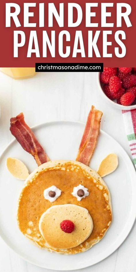 Get into the holiday spirit with these adorable Homemade Reindeer Pancakes. Delicious and easy to make Christmas morning breakfast. Make special memories with the kids this holiday and make this Reindeer Pancakes. The kids will love to decorate the pancakes. #christmasonadime #reindeerpancakes #christmaspancakes #christmasmorningbreakfastrecipe Reindeer Pancakes Kid, Reindeer Pancakes, Pancakes For Kids, Reindeer Brownie, Holiday Pancakes, Christmas Pancakes, Breakfast Calories, Homemade Pancake Recipe, Christmas Breakfast Recipe