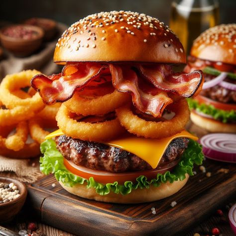 Cooking up Joy - Made with love: BBQ Bacon Burgers with Cheddar and Onion Rings Burger With Onion Rings, Burger Onion Rings, Bbq Bacon Burger, Bacon Burgers, In And Out Burger, Bbq Burgers, Bbq Bacon, Bacon Lover, Bacon Burger