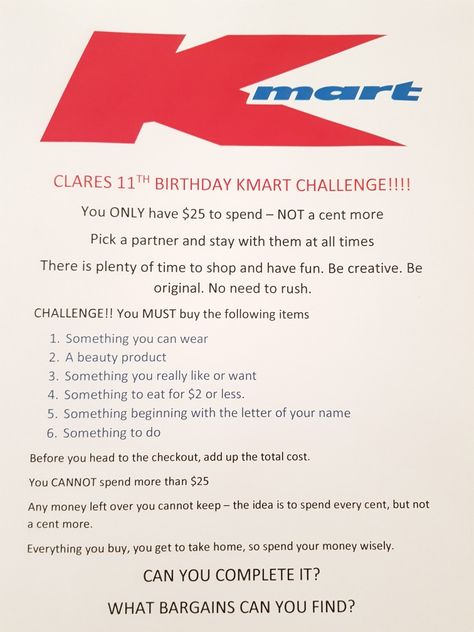 Kmart Party Challenge, Mall Challenge Ideas, Kmart Birthday Scavenger Hunt, Kmart Birthday Party Challenge, Kmart Birthday Party Ideas, Kmart Challenge Party, Kmart Challenge, Kmart Party, Shopping Scavenger Hunt