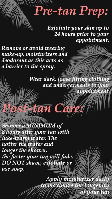 Pre and post tan preparation tips. #tantip #sunlesstan Tanning Bed Tips, Airbrush Tanning Business, Spray Tan Marketing, Spray Tanning Quotes, Spray Tan Room, Scandinavian Color Palette, Spray Tan Tips, Tan Tips, Tanning Business