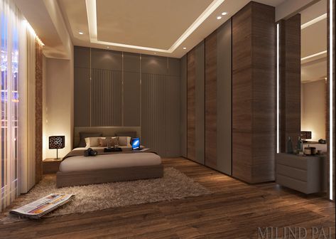 This bedroom has a seductive pallet of grey on natural brown with the correct mix of textures. The wardrobes give the space, a clean n straight look, making the room spacious, visually. Interest is further created with indirect lighting with focus on the texture panel behind the bed. #DesignAWayOfLife #MilindPaiDesigns #architect #interiordesigner Brown Wardrobe Bedroom, Cupboard Design Modern, Cupboard Ideas Bedroom, Brown Cupboards, Glass Wardrobe, Brown Hotel, Brown Rooms, Warm Bedroom, Brown Bed