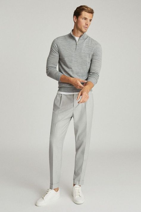 The Brighton trousers in grey are a new smart-casual style, featuring a front pleat and jogger-style waistband. The leg tapers at the ankle and they are finished with a turned-up hem. Wear with a T-shirt and trainers for an attitudinal aesthetic. Machine washable. 63% Polyester, 34% Viscose, 3% Elastane. Grey Trousers Outfit Men, Office Outfit Men, Men Work Outfits, Business Casual Men Work, Grey Chinos Men, Chinos Men Outfit, Grey Pants Men, Mens Work Outfits, Smart Casual Work Outfit