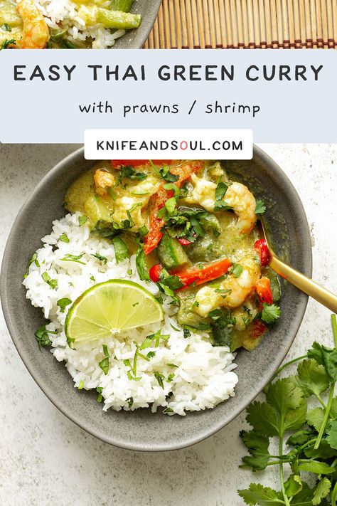 Indulge in the explosion of vibrant flavours with this easy Prawn Thai Green Curry recipe with juicy prawns/shrimp in a vibrant, spicy, and creamy coconut milk curry sauce. This easy-to-follow recipe can be whipped up in just 30 minutes, perfect for those busy days. With a generous portion of green veggies, this curry is not only delicious but also a healthy and nutritious choice. Thai Green Prawn Curry Recipe, Green Prawn Curry, Green Curry Sauce Coconut Milk, Green Curry Shrimp Recipes, Shrimp Green Curry Recipes, Green Curry Recipes Thai Shrimp, Green Curry Shrimp Coconut Milk, Thai Green Curry Shrimp, Green Prawns Recipe