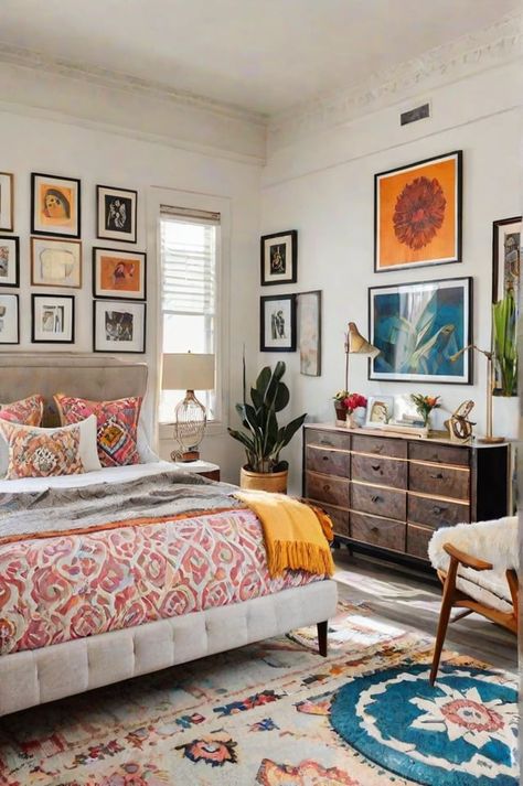 Colorful bedroom with a bed and rug on the floor. - Design Ideas AI Colorful Eclectic Bedroom Bohemian Style, Modern Colorful Bedroom, Colorful Eclectic Bedroom, Beige Upholstered Bed, Eclectic Bedrooms, Farmhouse Bed Frame, Eclectic Bedroom Design, Bed Dresser, Colorful Comforter