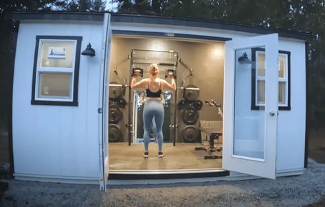 A Shed Gym In Your Backyard - Size, Cost, and How To Build it - Backyard Workspace Shed Turned Into Gym, Shed Home Gym Ideas, Backyard Home Gym Ideas, Outdoor Gym Shed, Home Gyms In Shed, At Home Gym Shed, Home Gym In Shed, Diy Workout Shed Home Gyms, Outdoor Home Gym Ideas