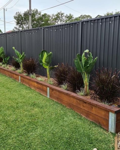 Side Of Fence Landscaping, Raised Privacy Fence, Garden Against Fence, Backyard Landscaping Along Fence, Diy Backyard Fence, Backyard Garden Layout, Garden Landscaping Ideas, Backyard Fence, Backyard Remodel