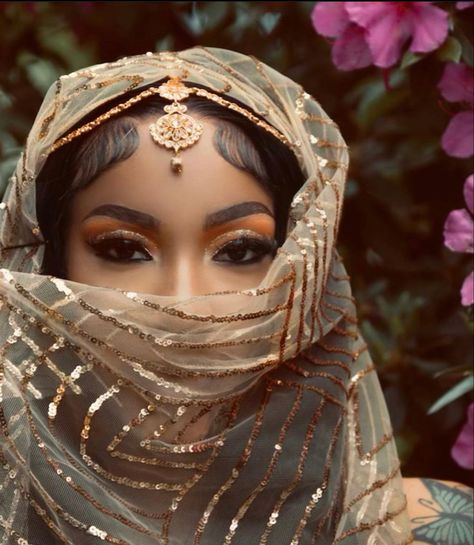 Egyptian Themed Prom Dress, Arabian Photoshoot Ideas, Egyptian Themed Photoshoot, Arab Prom Dresses, Arabic Prom Dress, Egyptian Baddie, Prom Dress With Head Scarf, Egyptian Prom Dress, Egyptian Photoshoot Ideas