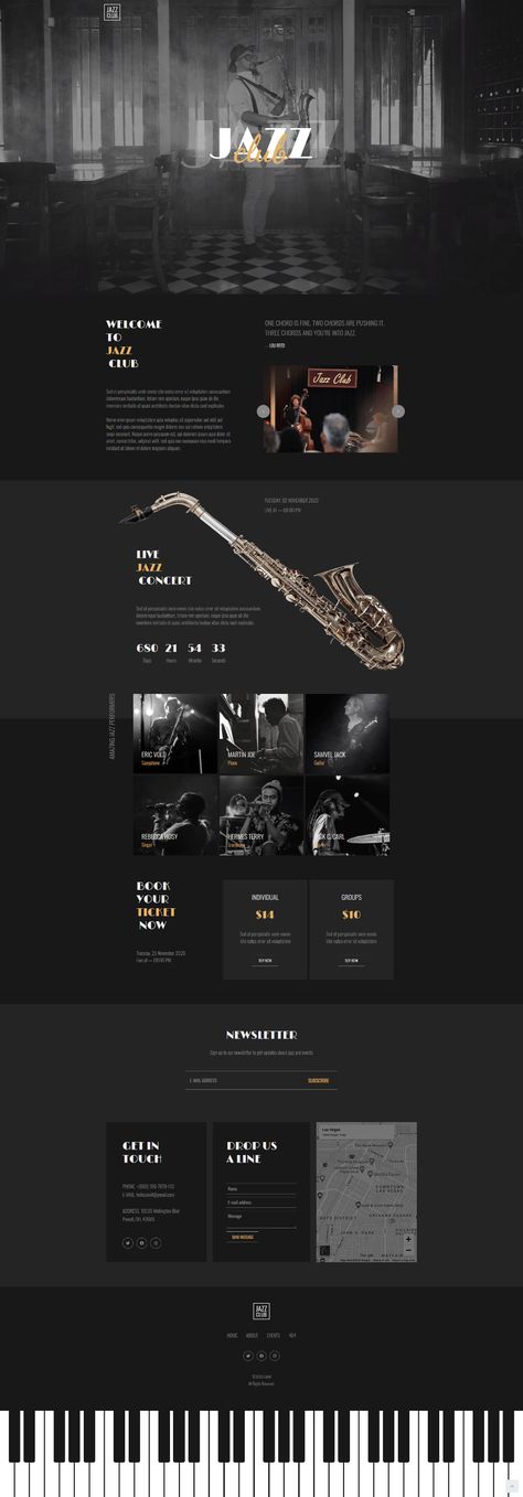 Jazz-club on Behance Trendy Website Design, Club Website Design, Website Design Minimalist, Minimalist Website Design, Website Design Modern, Website Design Landing Page, Website Design Business, Band Website, Best Website Design