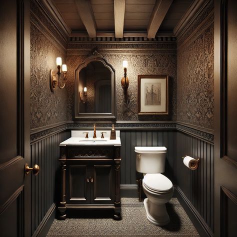 Dark Academia Restroom, Dark Vintage Bathroom, Dark Academia Bathroom, Sims 4 Build, Dark Academia Aesthetic, Academia Aesthetic, Half Bath, Beautiful Bathrooms, Powder Room