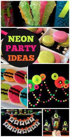 A glow in the dark party featuring a neon treats dessert table and a paper rosette backdrop!  See more party planning ideas at CatchMyParty.com! Glo Party, Neon Party Ideas, Birthday Party Ideas For Teens, Party Ideas For Teens, Glow Dance, Dark Birthday, Neon Party Decorations, Real Pumpkins, Neon Poster