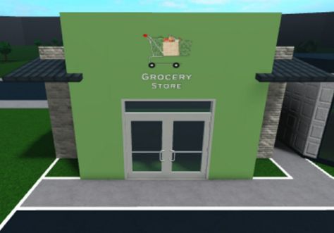 Bloxburg Grocery Store Decal Codes Sign, Small Town Layout, Grocery Store Exterior, Bloxburg Grocery Store Decal, Bloxburg Grocery Store, Store Decal, Build Bloxburg, Town Layout, Supermarket Logo