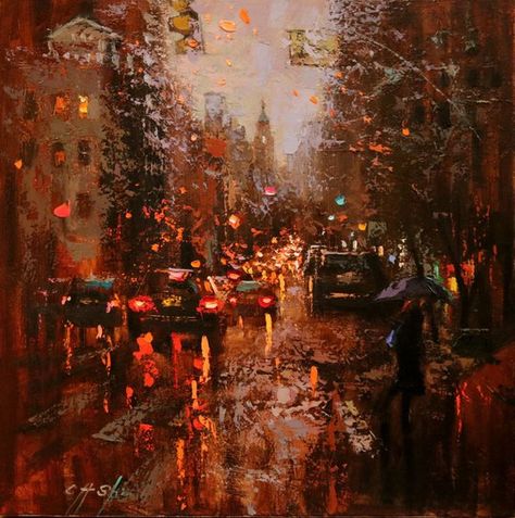 Chin H Shin - Paintings for Sale | Artfinder Visually Pleasing, City Painting, Cityscape Art, Aesthetic Painting, Painting Lessons, Cool Landscapes, Romantic Art, Naive Art, Ethereal Art