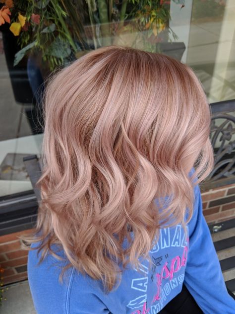 Level 8 Strawberry Blonde, Rose Champagne Hair, Rosy Blonde Hair, Rose Blonde Hair Color, Champagne Blonde Hair Rose Gold, Pink Champagne Hair Color, Rose Beige Hair, Pink Toned Blonde Hair, Blush Blonde Hair