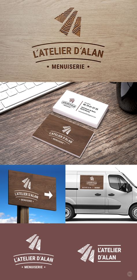 Logo, carte de visite et panneaux pour l'Atelier d'Alan - Menuiserie - AliceGraphiste AliceGraphiste Carpentry Logo Design, Wood Logo Branding, Wood Logo Design, Call Logo, Mm Logo, Automotive Logo Design, Banks Logo, Wood Logo, Data Design