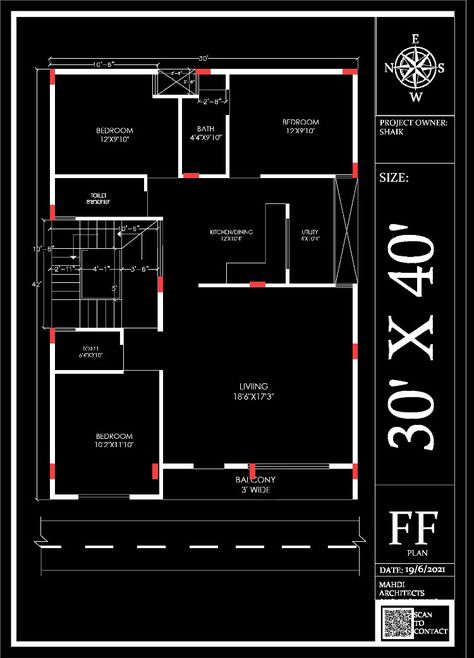 West Facing 3bhk House Plan, 30 40 West Facing House Plan, 30x40 House Elevation Design, 30x40 West Facing House Plans, 30x40 House Plans West Facing, Swedish House Plans, Civil Plan, West Facing House Plan, Smart House Plans