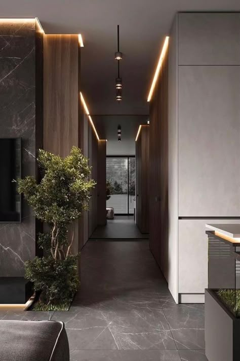 Elegant passage with luxury lighting in modern hallway Corridors Design Home, Corridor Design, Modern Entrance, Point Design, Outdoors Inside, Hal Decor, 아파트 인테리어, Beach House Design, Hall Design