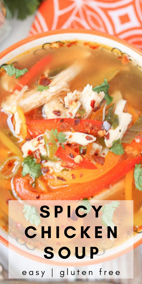 a bowl of chicken soup with peppers Spicy Italian Chicken Soup, Spicy Chicken Vegetable Soup, Healthy Spicy Soup Recipes, Hot And Spicy Soup, Spicy Chicken Soup Crockpot, Soup With Peppers, Healthy Spicy Chicken, Chicken Pepper Soup, Spicy Chicken Soup Recipes