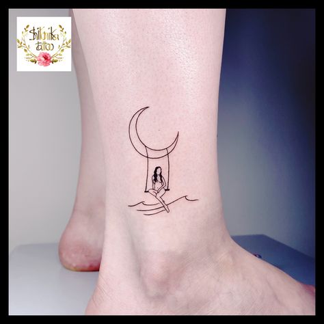 #moontattoo #girltattoo #seatattoo #wavetattoo #swingtattoo #illustrationtattoo Moon And Rain Tattoo, Moon Girl Tattoo, Moon And Sea Tattoo, Lola Tattoo, Moon Child Tattoo, Swing Tattoo, Swag Tattoo, Child Tattoo, Rain Tattoo