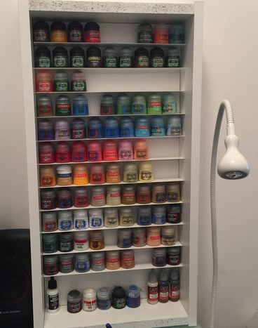 Citadel Paint Storage, Warhammer Room, Jester Painting, Paint Storage Diy, Paint Shelf, Citadel Paint, Ikea Bench, Painting Shelves, Paint Rack