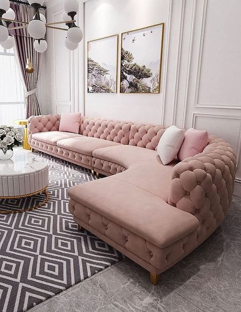 Glam Sofas for a Glam Living Room - Pink Tufted Sectional Sofa via @primeresidencedecor Glam Sofas, Latest Sofa Designs, Luxury Sofa Design, Corner Sofa Design, Modern Sofa Set, Modern Sofa Living Room, Glam Living Room, Design Salon, Sofa Set Designs