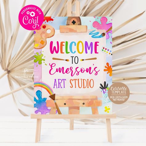 Art Birthday Welcome Sign Painting Party Decor Rainbow Artist Theme Brushes Easel Watercolor Digital Download Printable APG1 Rainbow Kids Party, Artist Birthday Party, Birthday Canvas, Painting Birthday Party, Colors Party, Artist Birthday, Painting Birthday, Birthday Welcome Sign, Art Birthday Party