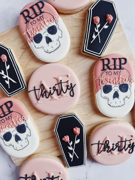 Gothic Birthday Cookies, 30th Cookies Birthday For Women, Rip Cookies, 30th Birthday Cookies For Woman, 30th Themed Birthday Party, Gothic Baking, Gothic Food, Rip 20s, Baking Design