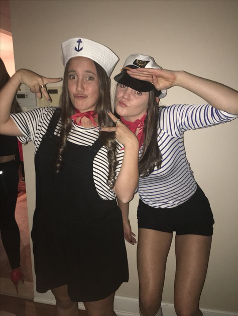 diy sailor costume Captain Costume Women, Diy Sailor Costume, Nautical Party Outfit, Sailor Costume For Women, Sailor Costume Diy, Nautical Theme Outfit, Sailor Outfit For Women, Marine Costume, Sailor Halloween Costumes