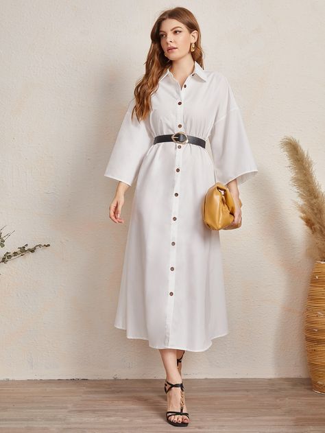 White Casual  Three Quarter Length Sleeve Polyester Plain Shirt  Non-Stretch Spring/Fall Women Dresses Causal Frocks, Drop Shoulder Dress, High Low Prom Dress, Sequin Bodycon Dress, Lantern Sleeve Dress, Plain Shirt, Dress With Belt, Flounce Sleeve, Plain Shirts