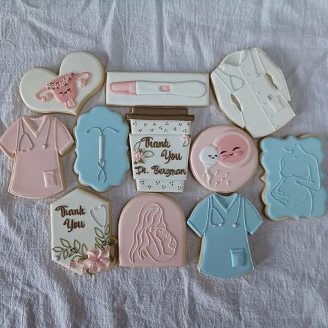 Custom cookies for doctor nurse ob gyn pregnancy Obgyn Cake Ideas, Nurse Cookie Cake, Obgyn Cookies Decorated, Postpartum Cookies, Labor And Delivery Nurse Cookies, Labor And Delivery Cookies, Obgyn Cookies, Nursing Graduation Cookies, Dentist Cookies