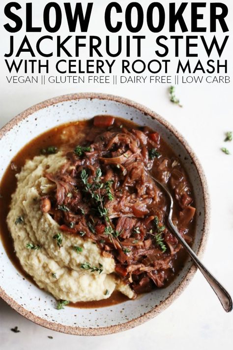 This Slow Cooker Jackfruit Stew + Celery Root Mash is the perfect hearty, cozy, comforting crock pot recipe to curl up with on a chilly day. thetoastedpinenut.com #thetoastedpinenut #slowcooker #slowcookerstew #crockpot #crockpotstew #jackfruit #pulledjackfruit #jackfruitstew #veganstew #celeryroot #celeryrootmash #vegetarianstew Jackfruit Stew, Vegetarian Stew, Vegan Slow Cooker Recipes, Vegan Crockpot, Jackfruit Recipes, Crockpot Stew, Vegan Slow Cooker, Crock Pot Recipe, Slow Cooker Stew