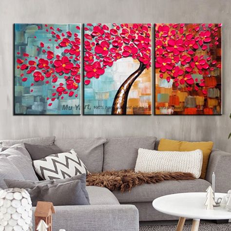 Turquoise Wall Decor, Multiple Canvas Paintings, Oil Painting For Living Room, Picture Flower, Turquoise Wall, Acrylic Flower Painting, Flower Oil Painting, Painting For Living Room, Flower Painting Canvas