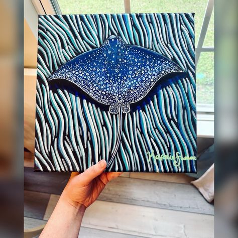 Acrylic painting on canvas. Abstract sting ray on black canvas. Sting Ray Painting Acrylic, Stingray Painting Acrylic, Stingray Painting, Ray Painting, Class Painting, On Black Canvas, Canvas Abstract, Paintings On Canvas, Graphite Drawings