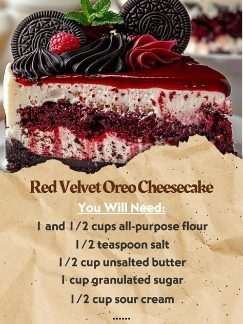 Quick Recipes | "Red Velvet Oreo Cheesecake | Facebook Blue Velvet Oreo Cheesecake Cake, Oreo Cheesecake Cake, Red Velvet Oreo Cheesecake, Cheesecake On A Stick, Banana Cake Recipes, Red Velvet Oreo, Cheesecake Ingredients, Doughnut Recipe Easy, Rainbow Desserts