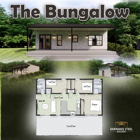 Design Your Dream Home in Just 4-6 Weeks! The Bungalow Barndominium is a beautiful 860 SF 1 story open concept with a large front patio. 3 Bedroom / 2 Bath with vaulted ceilings & tons of outdoor living. Steel Framed, like all of our plans. Full plan link below. Tired of endless house hunting? Our design process turns your vision into reality, fast. For over 200 clients, we've streamlined the design process, saving you time & money. We have 2 slots left next week for your Free 45 Minute De... 3 Bed 2 Bath Floor Plans, Open Concept Modern Farmhouse, Container House Design Floor Plans, 3 Bedroom Bungalow Floor Plans, Urban House Design, Detailed Floor Plan, Tiny House Plans Free, Tiny Home Plans, Floor Plan With Dimensions