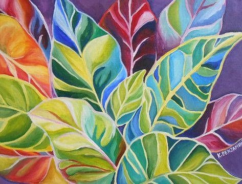 Colorful Leaf Art, Abstract Leaf Painting, Tropical Artwork, Leaves Painting, A Level Art Sketchbook, Tropical Painting, Watercolor Paintings For Beginners, Painted Leaves, Art Drawings For Kids