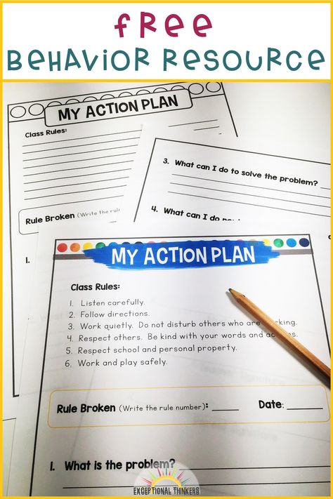 Free Behavior Plan for teachers. This Action Plan resource for students with behavior problems and emotional disturbance can be used for self monitoring and behavior modification. It works well with special education students and general education elementary classes. Try out this free behavior activity with your students today! Action Plan For Students, Behavior Specialist Office, Class Pledge, Behavior Reflection Sheet, Emotional Behavior Disorder, Sped Resources, Class Rules Poster, Behavior Contract, Positive Behavior Management