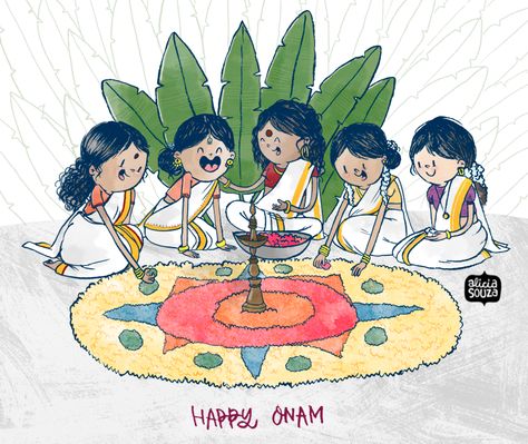 Onam Drawing, Onam Illustration, Drawing Ideas Cartoon, Kids Hairstyle, Happy Onam, Doodle Characters, Indian Art Gallery, Indian Folk Art, Animated Love Images