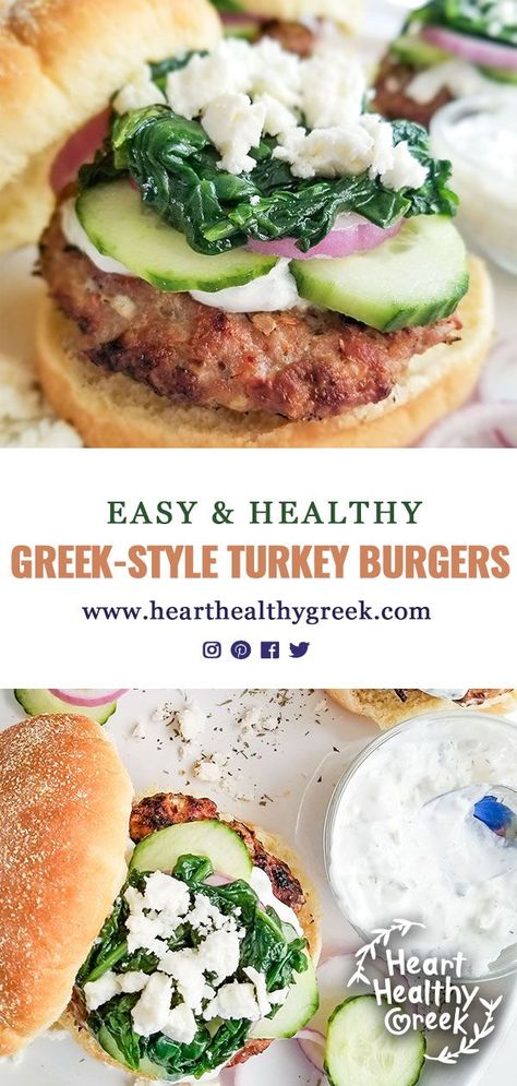 Fire up the grill, we’re making Greek-Style Turkey Burgers! Creamy tzatziki sauce, Greek spices and crisp cucumbers add a “Greek” twist to ordinary turkey burgers. Serve these up at your next back yard cookout! #turkeyburgerrecipes #greekburgers #burgerrecipes #greekrecipes Greek Burgers, Healthy Greek Recipes, Greek Spices, Greek Turkey, Greek Turkey Burgers, Homemade Tzatziki Sauce, Vegetarian Barbecue, Easy Mediterranean Diet Recipes, Turkey Burger Recipes