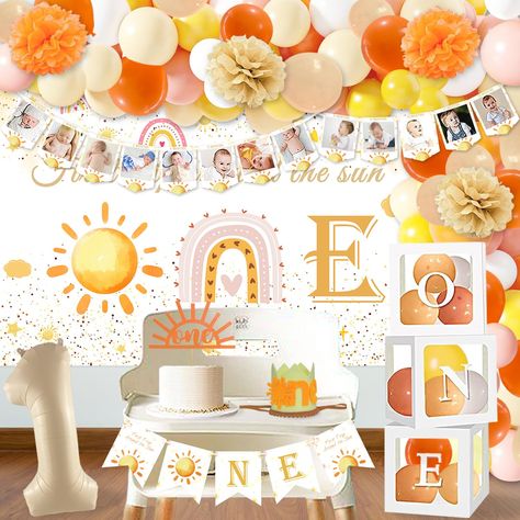 Sun Birthday Decorations, Sun Backdrop, Backdrop Balloons, Rainbow 1st Birthday, Sun Theme, Paper Flower Ball, Sun Birthday, 1st Birthday Girl Decorations, First Trip Around The Sun