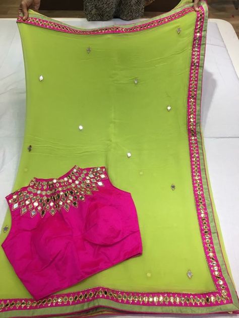 Chiffon Blouses Designs, Green Blouse Designs, Designer Dresses Elegant, Green Combination, Mirror Work Blouse Design, Party Wear Sarees Online, Blouse Designs Catalogue, Saree Draping Styles, Parrot Green