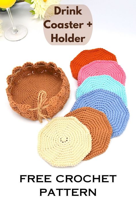 a colorful set of crochet coasters with a coaster holder Crochet Coaster Set, Crochet Cup Coaster, Crochet Fall Decor, Crochet Circle Pattern, Coaster Tutorial, Coaster Patterns, Beanie Knitting Patterns Free, Crochet Necklace Pattern, Crochet Coasters Free Pattern