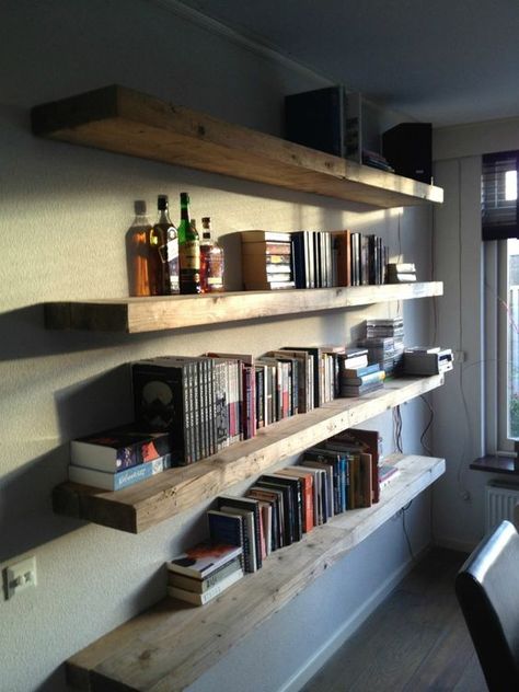 Creative Homemade Bookshelves with the Unique Decoration: Fantastic Homemade Bookshelves Wooden Board Attached To The Wall ~ flohomedesign.com Furniture Inspiration: Floating Bookshelves Bedroom, Homemade Bookshelves, Bookshelves Kitchen, Book Shelving, Creative Bookcases, Floating Bookshelf, Floating Shelf Decor, Floating Bookshelves, Floating Shelves Kitchen