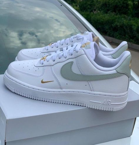 Soft Green Golden Sneakers Custom Air Force 1 - Women's US 11/Men's US 9.5 Nike Af1 Custom, Golden Sneakers, Pretty Sneakers, Nike Shoes Air Force, Nike Fashion Shoes, Preppy Shoes, Pretty Shoes Sneakers, All Nike Shoes, Custom Air Force 1